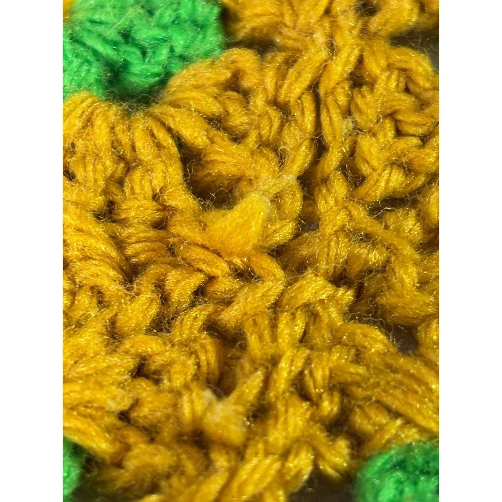 Vintage 70s Hand Crooked Granny Square Afghan Blanket 3D Yellow Flower Rose 48x7